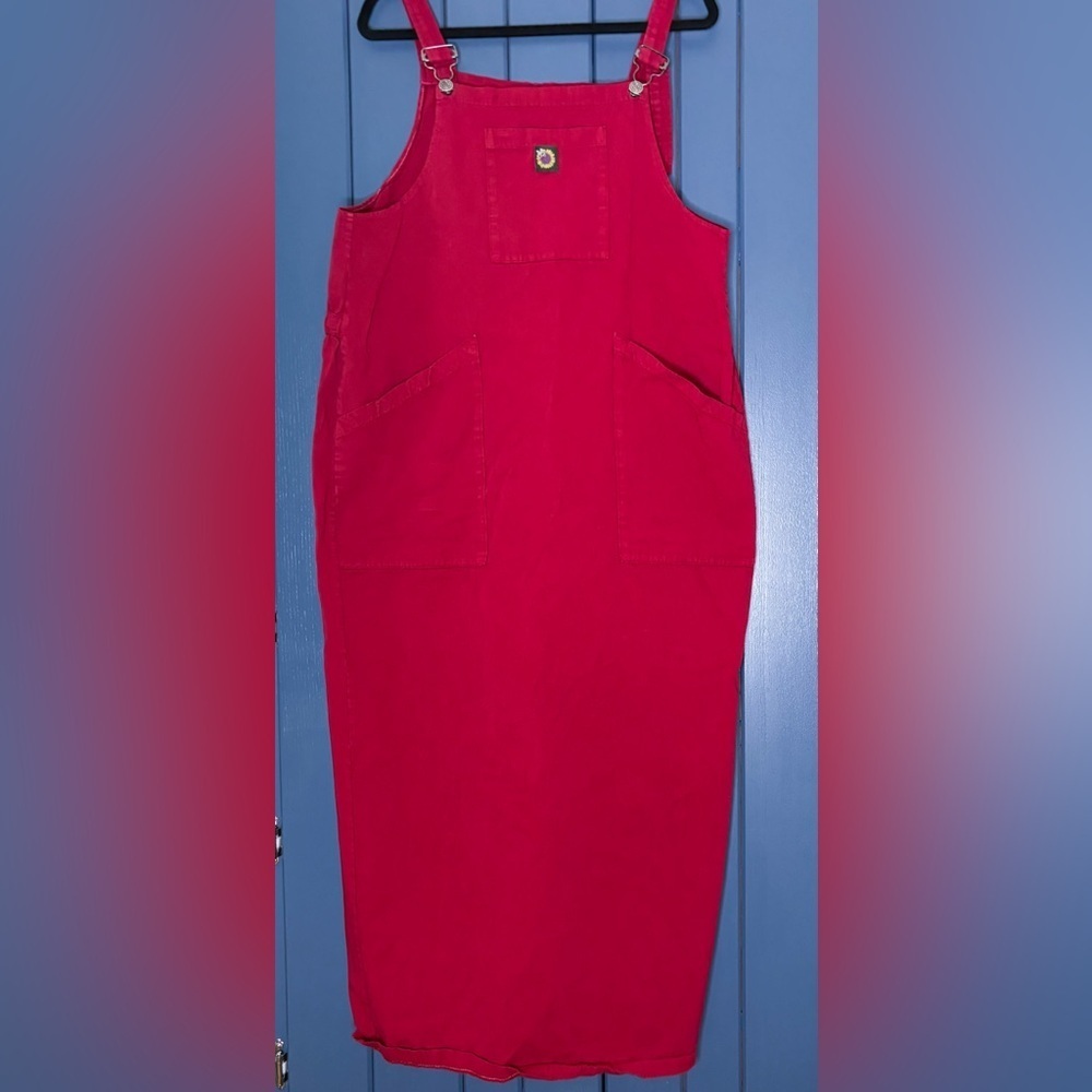Vintage Sunflower Bumble Bee Red Bibbed Jumper Maxi Dress Large Modest Trad